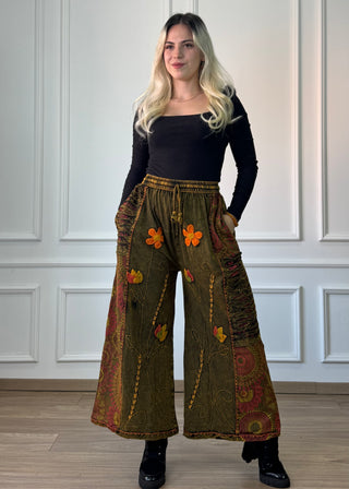 Pantaloni din bumbac cu decor floral