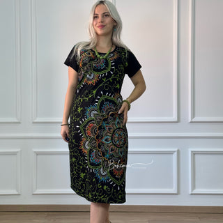 Rochie din bumbac cu mâneci scurte și nasturi tip clemă - Negru/Verde