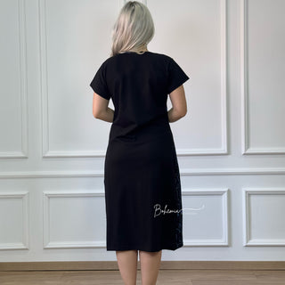 Rochie din bumbac cu mâneci scurte și nasturi tip clemă - Negru/Albastru