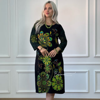 Rochie cu mâneci trei sferturi și model floral - Verde