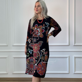 Rochie cu mâneci trei sferturi și model floral - Roșie