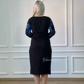 Rochie cu mâneci trei sferturi și model floral - Albastru