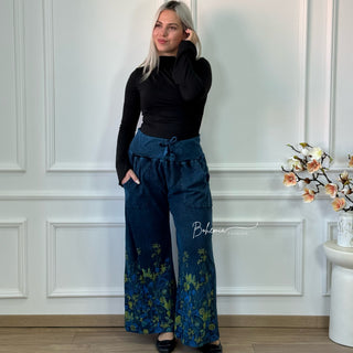 Pantaloni din bumbac cu model floral - Albastru