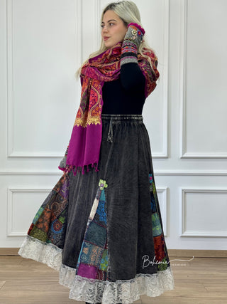 Fustă patchwork cu decor floral
