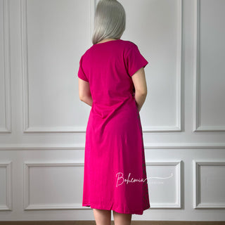 Rochie din bumbac cu mâneci scurte și nasturi mandală - Roz