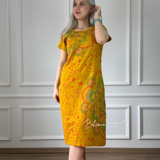 Rochie din bumbac cu mâneci scurte și nasturi - Galbenă